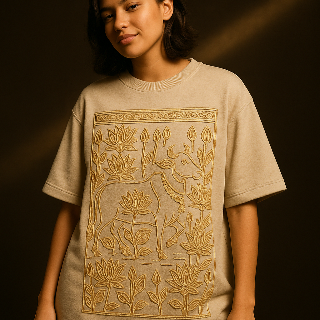 A person wearing an oversized beige crew neck t-shirt with a floral embroidery design in the center.