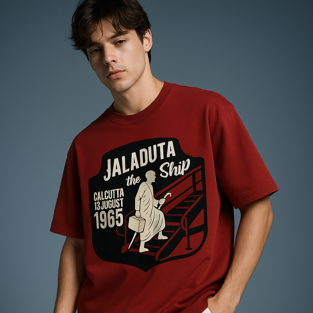 Person wearing a red t-shirt with graphic design on a gray background