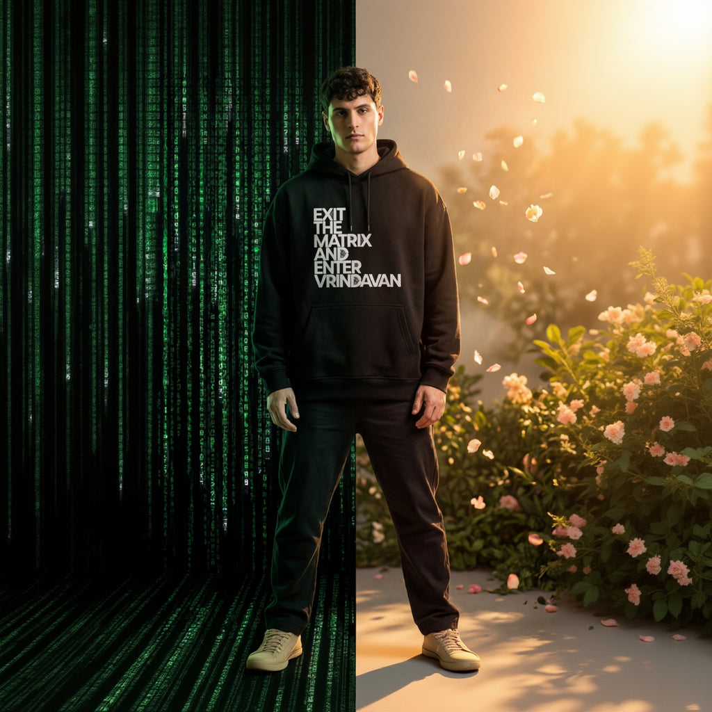 Person wearing a hoodie with text standing between a digital matrix and a natural landscape.