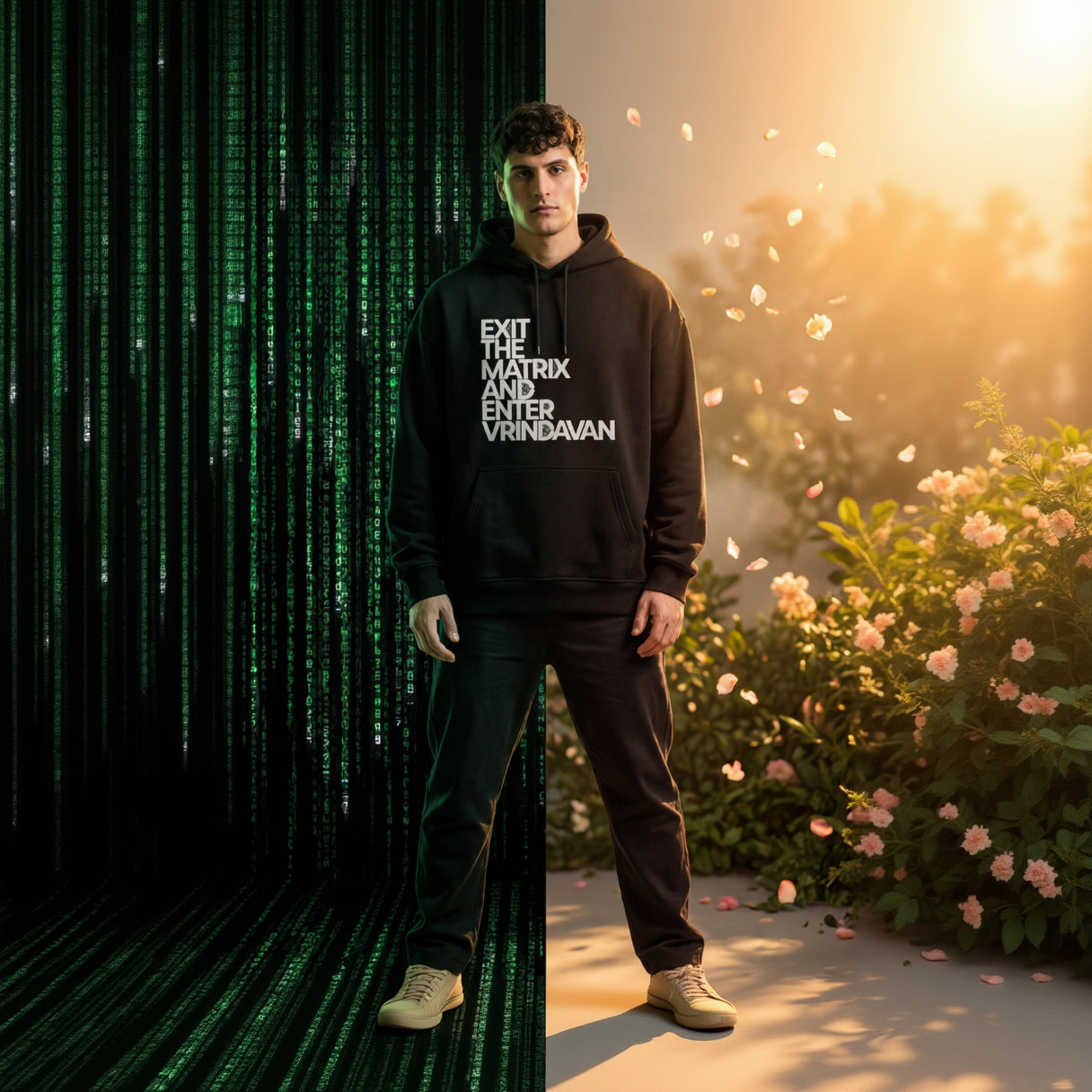 Person wearing a hoodie with text standing between a digital matrix and a natural landscape.