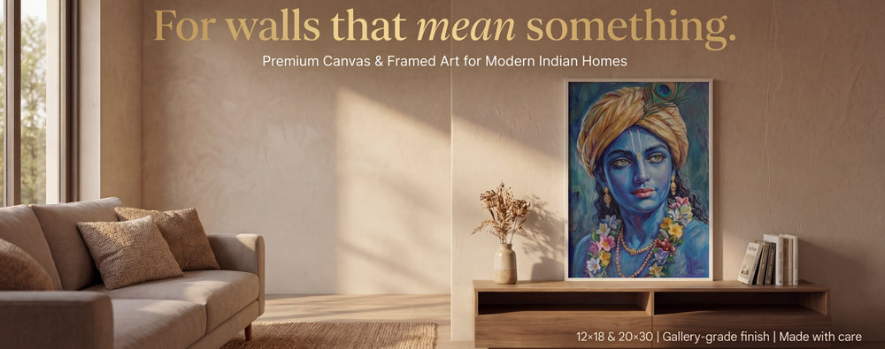 Advertisement for premium canvas and framed art for modern Indian homes, featuring a painting of a woman with flowers on a wall.