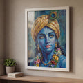 Framed artwork of a blue-skinned figure with a yellow turban on a wall.