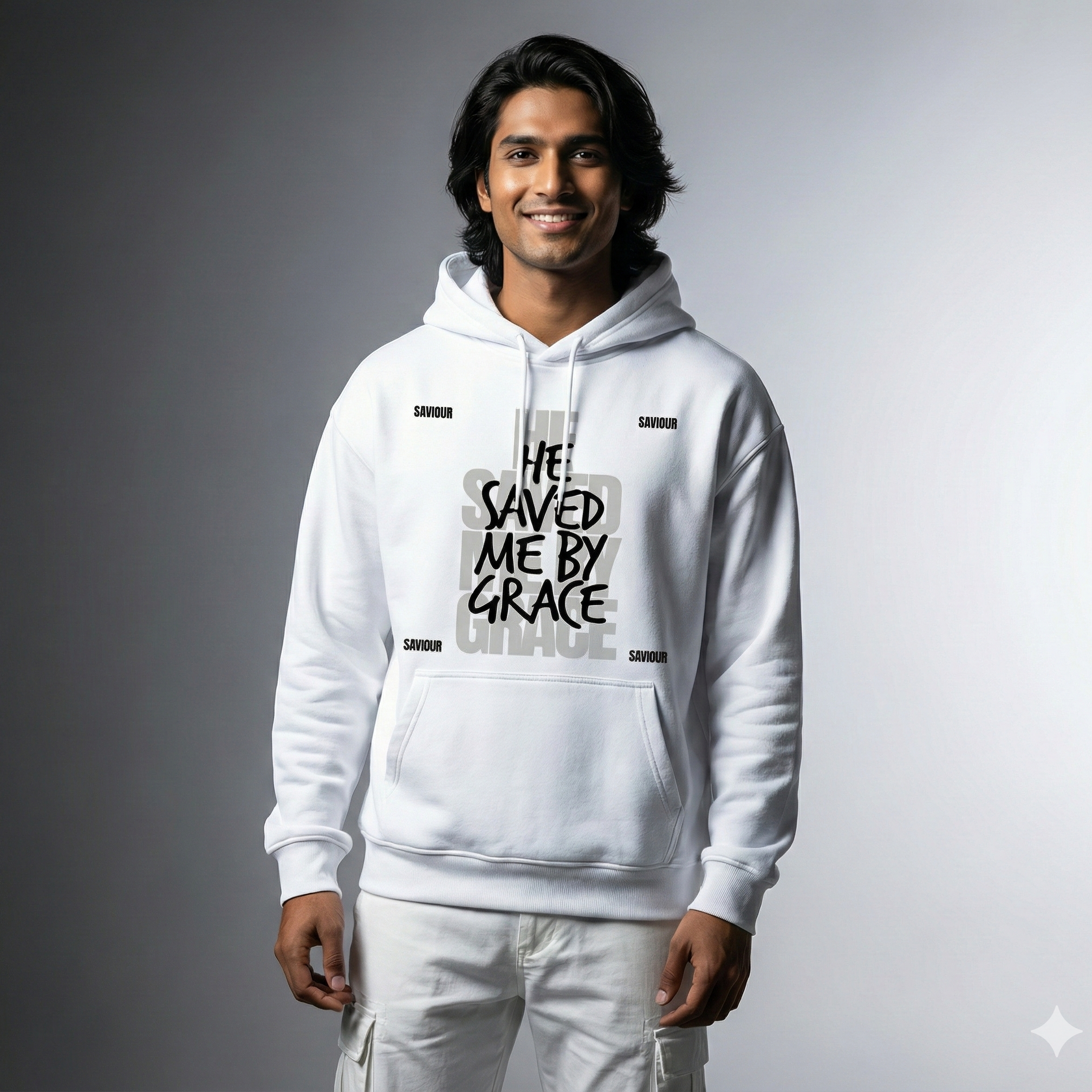 Person wearing a white hoodie with text on a gray background