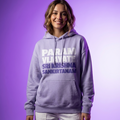 Person wearing a lavender hoodie with text on a purple background
