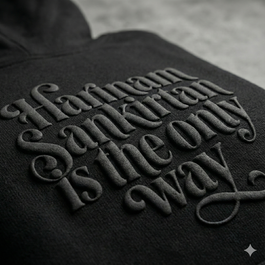 Black hoodie with embossed text on a gray background