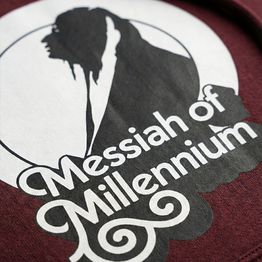 Logo with silhouette and text 'Messiah of Millennium' on a maroon background