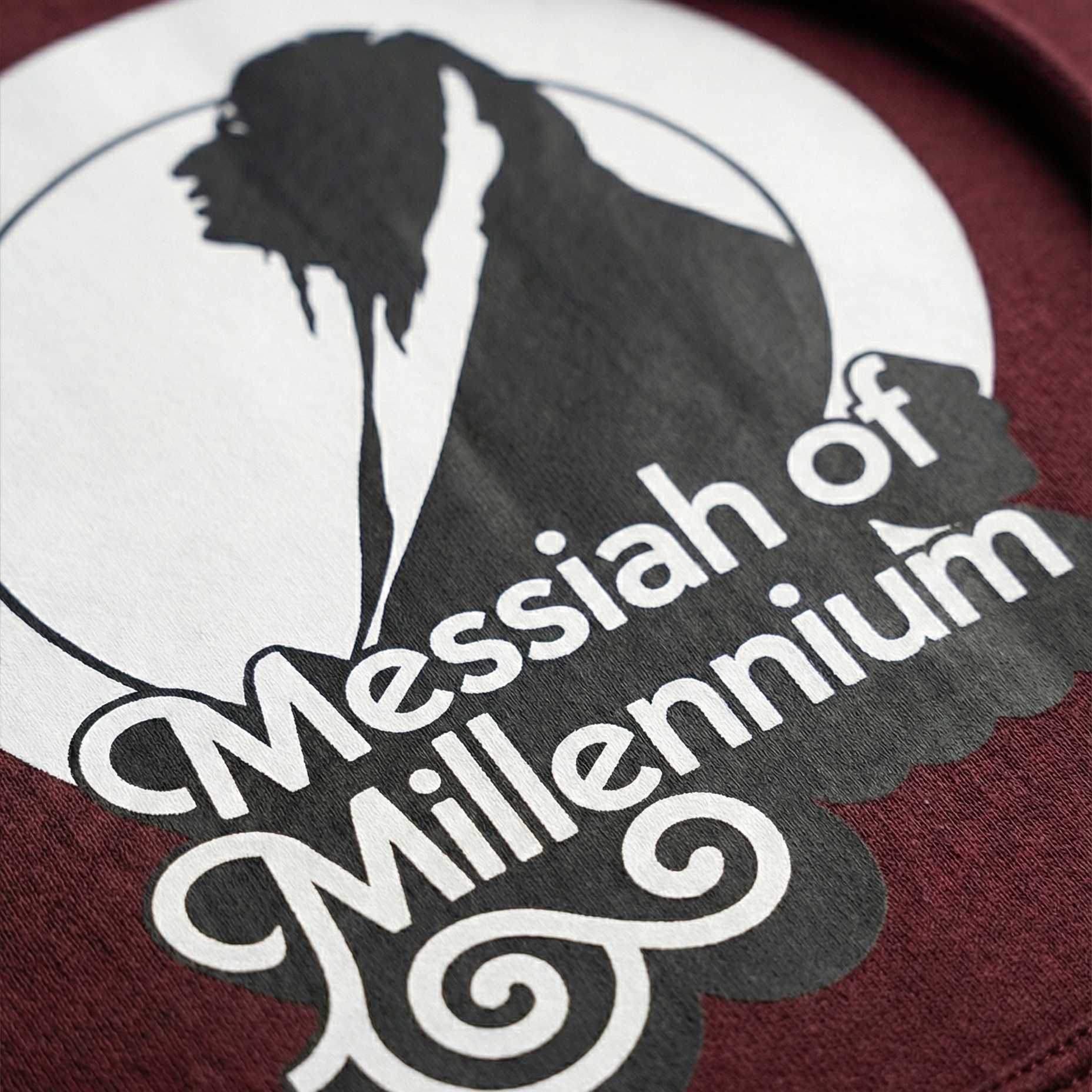 Logo with silhouette and text 'Messiah of Millennium' on a maroon background
