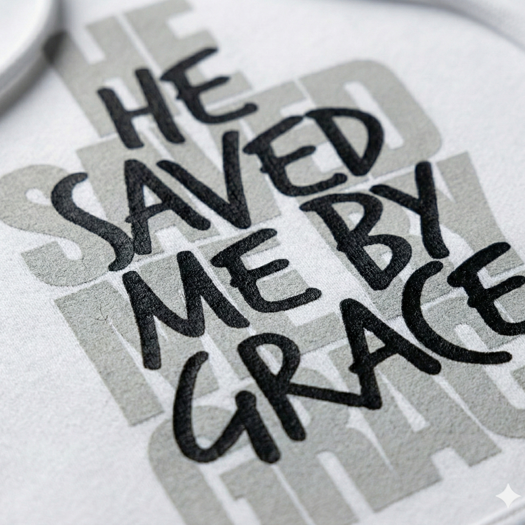 Text 'HE SAVED ME BY GRACE' on a white background