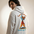 Person wearing a hoodie with a colorful graphic and text on the back against a plain background
