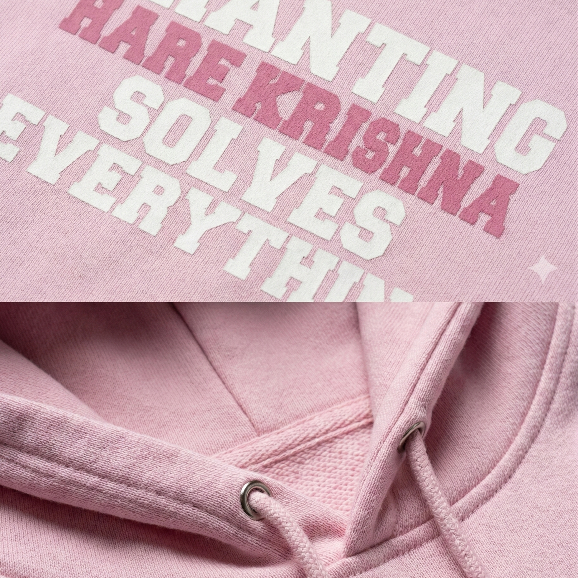 Pink hoodie with text 'CHANTING HARE KRISHNA SOLVES EVERYTHING' on a light pink background