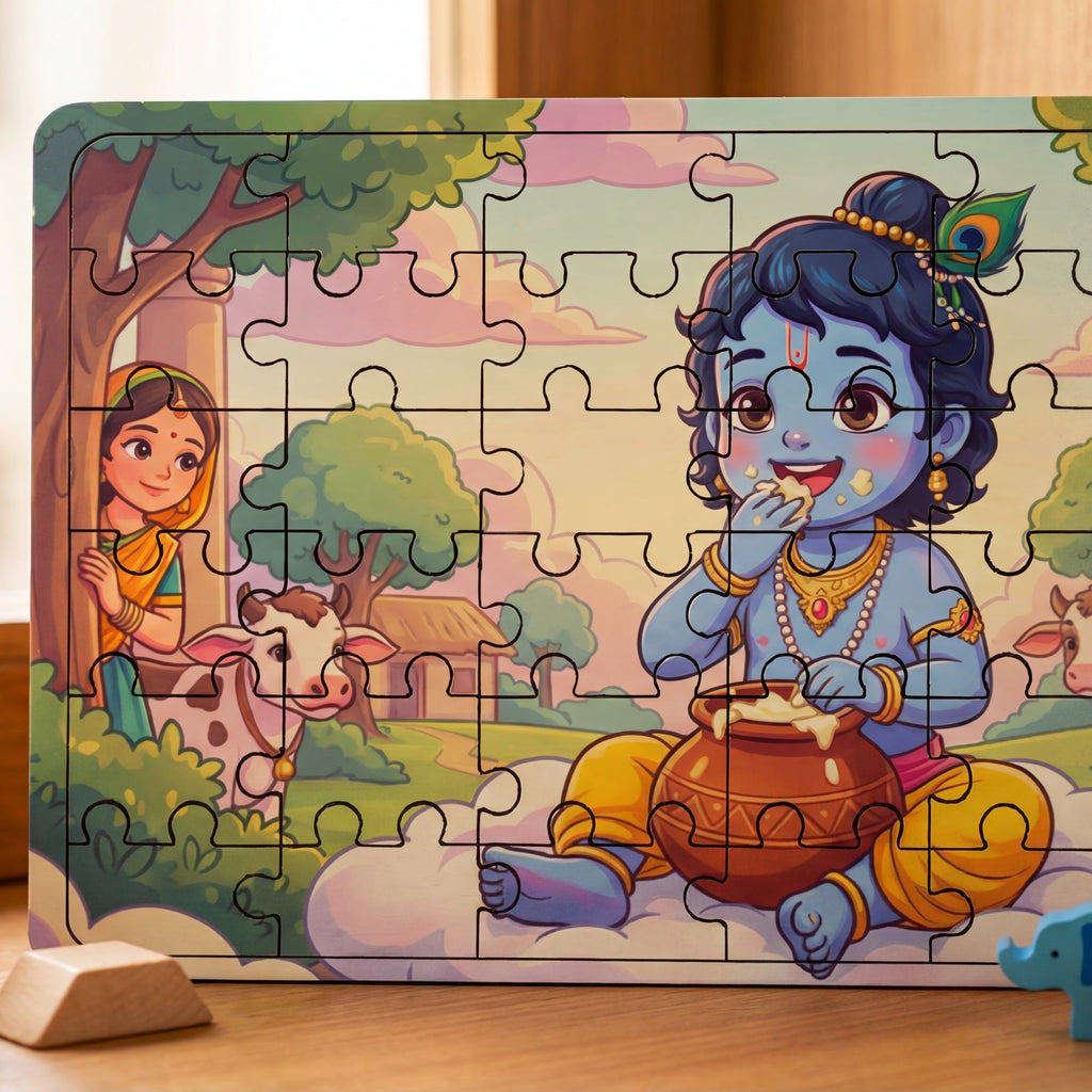 Children's puzzle with a cartoon character on a wooden surface with toys around