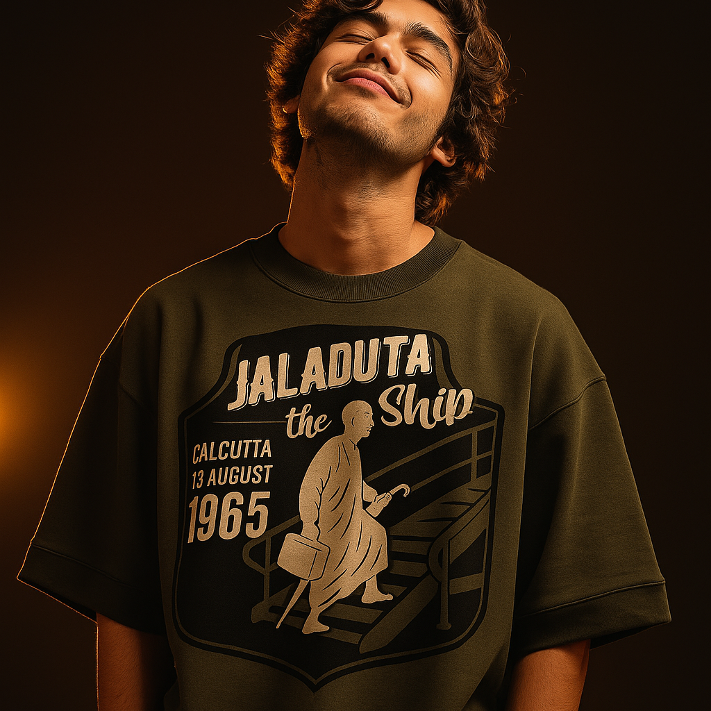 Person wearing a t-shirt with 'Jaladuta the Ship' design on a dark background