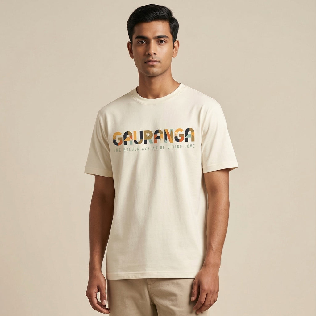 Man wearing a beige t-shirt with 'Gauranga' text on a plain background