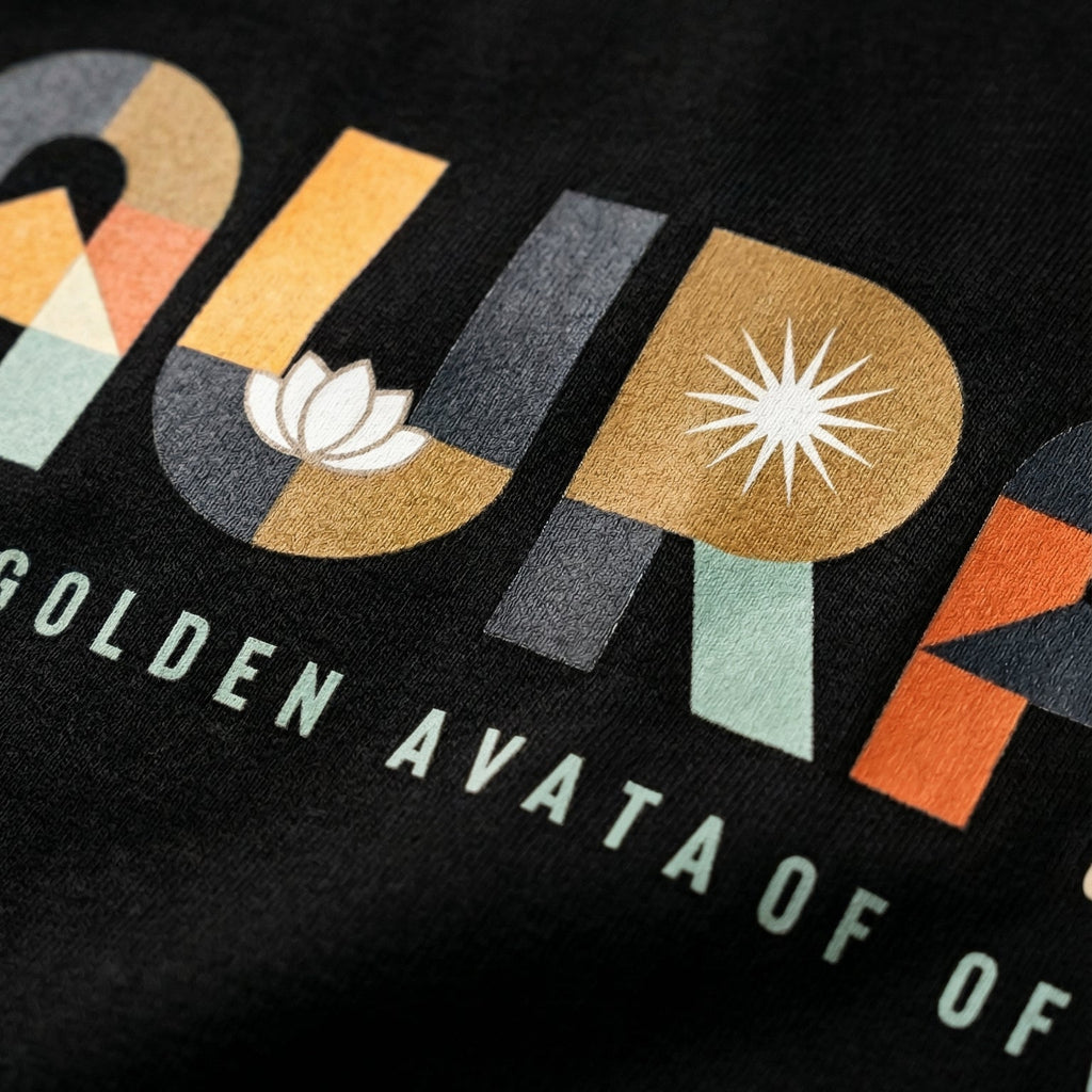 Black t-shirt with colorful text design on a dark background