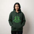 Person wearing a green hoodie with 'Prasaditarian' design on a white background