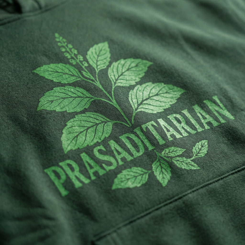 Green hoodie with 'Prasaditarian' design on the back