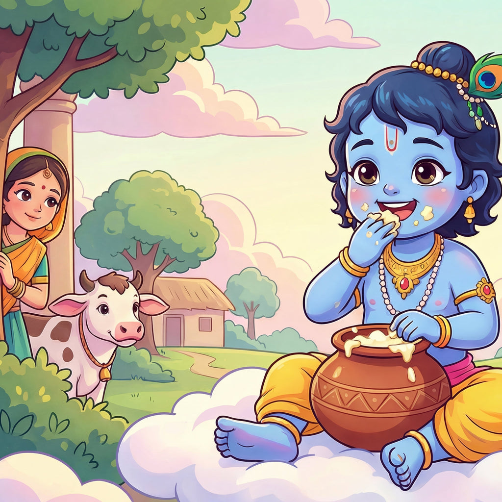 Cartoon depiction of a child with blue skin and traditional attire, sitting on a cloud surrounded by cows and trees.