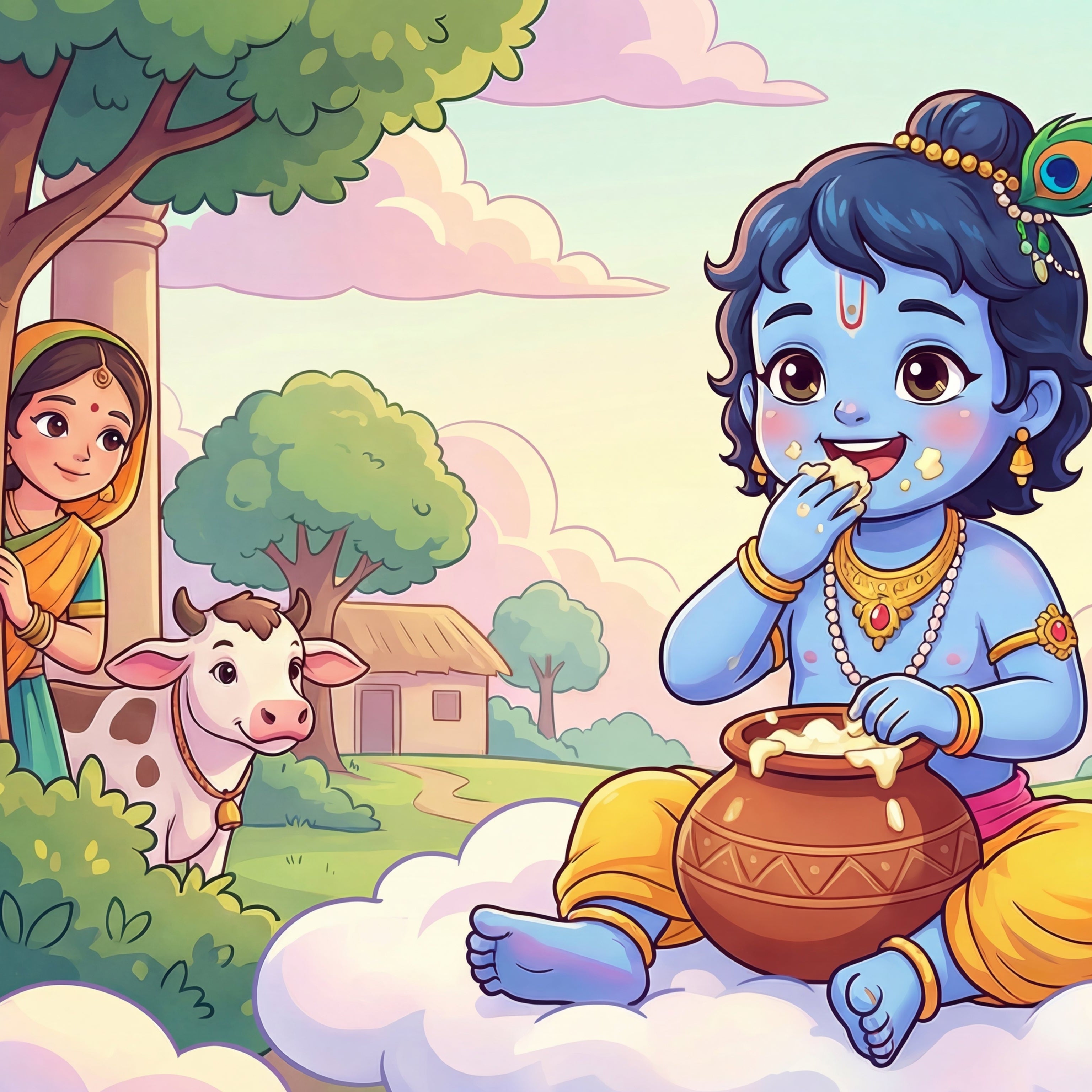 Cartoon depiction of a child with blue skin and traditional attire, sitting on a cloud surrounded by cows and trees.